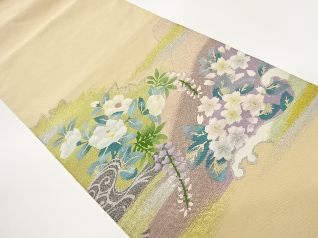 綴れ霞に藤・花々・波模様織出し名古屋帯